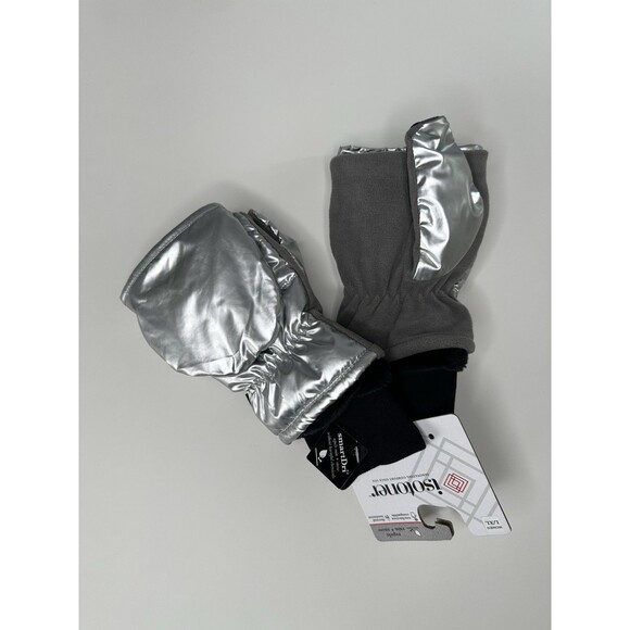 isotoner Sleek Heat Flip Mittens Quilted Silver Touchscreen Gloves Size L/XL - Picture 3 of 5